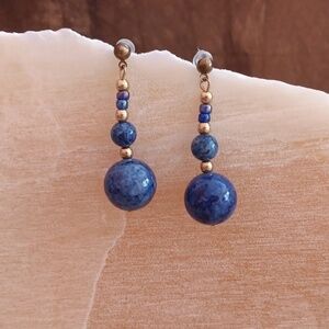 Blue Beaded Gold Toned Dangle Earrings